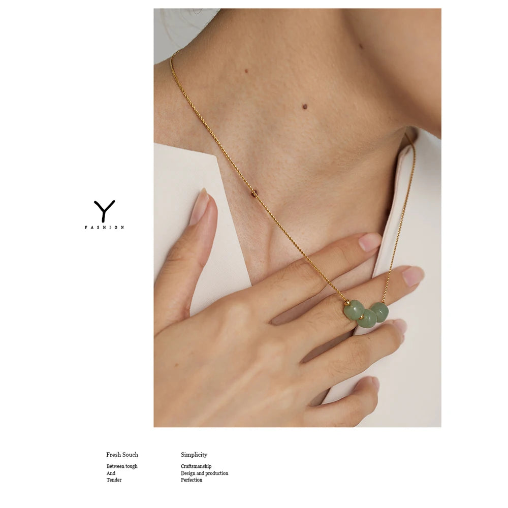 Yhpup Stainless Steel Green Aventurine Pendant Necklace Stylish 18 K Plated Metal Collar Necklace бежутерия женская колье Gift