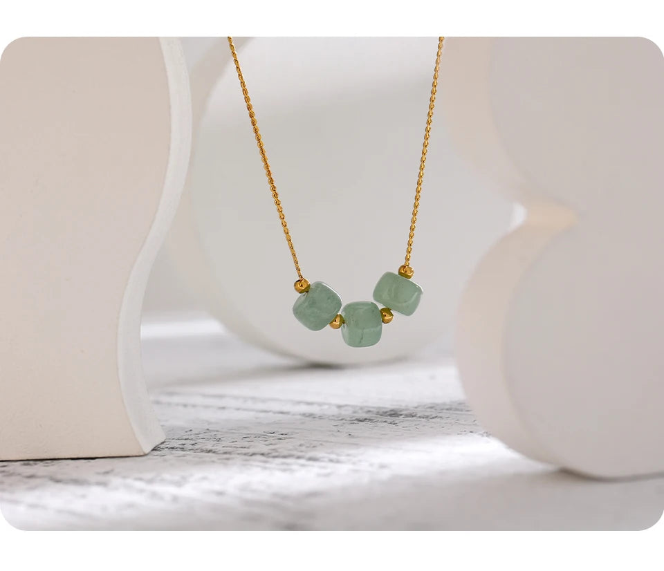 Yhpup Stainless Steel Green Aventurine Pendant Necklace Stylish 18 K Plated Metal Collar Necklace бежутерия женская колье Gift