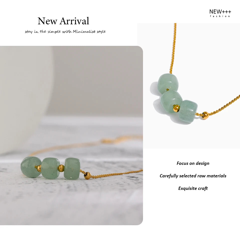 Yhpup Stainless Steel Green Aventurine Pendant Necklace Stylish 18 K Plated Metal Collar Necklace бежутерия женская колье Gift