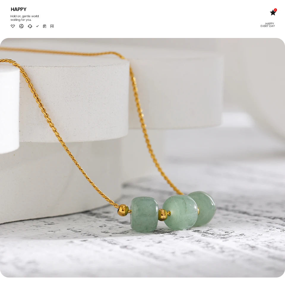 Yhpup Stainless Steel Green Aventurine Pendant Necklace Stylish 18 K Plated Metal Collar Necklace бежутерия женская колье Gift