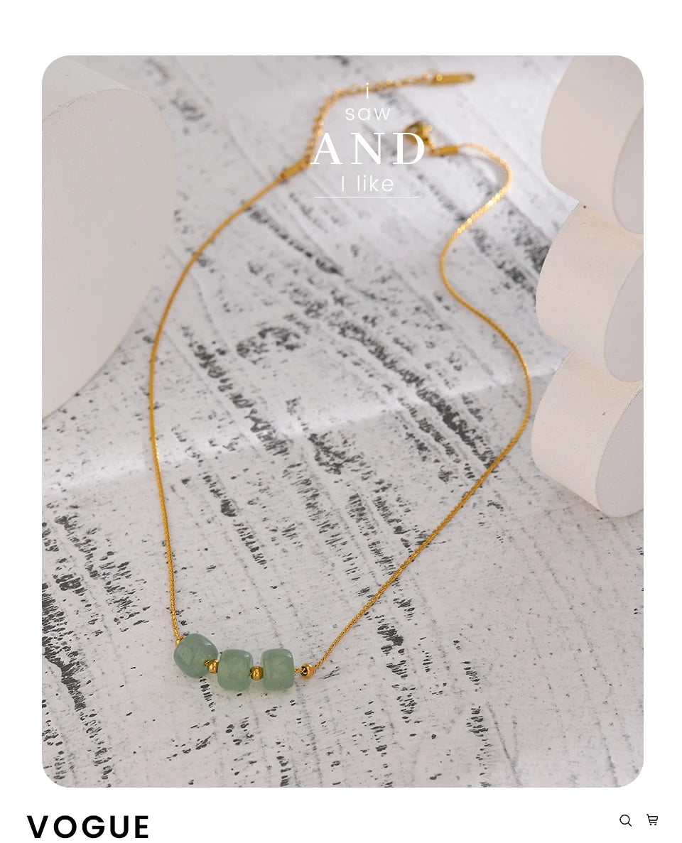 Yhpup Stainless Steel Green Aventurine Pendant Necklace Stylish 18 K Plated Metal Collar Necklace бежутерия женская колье Gift