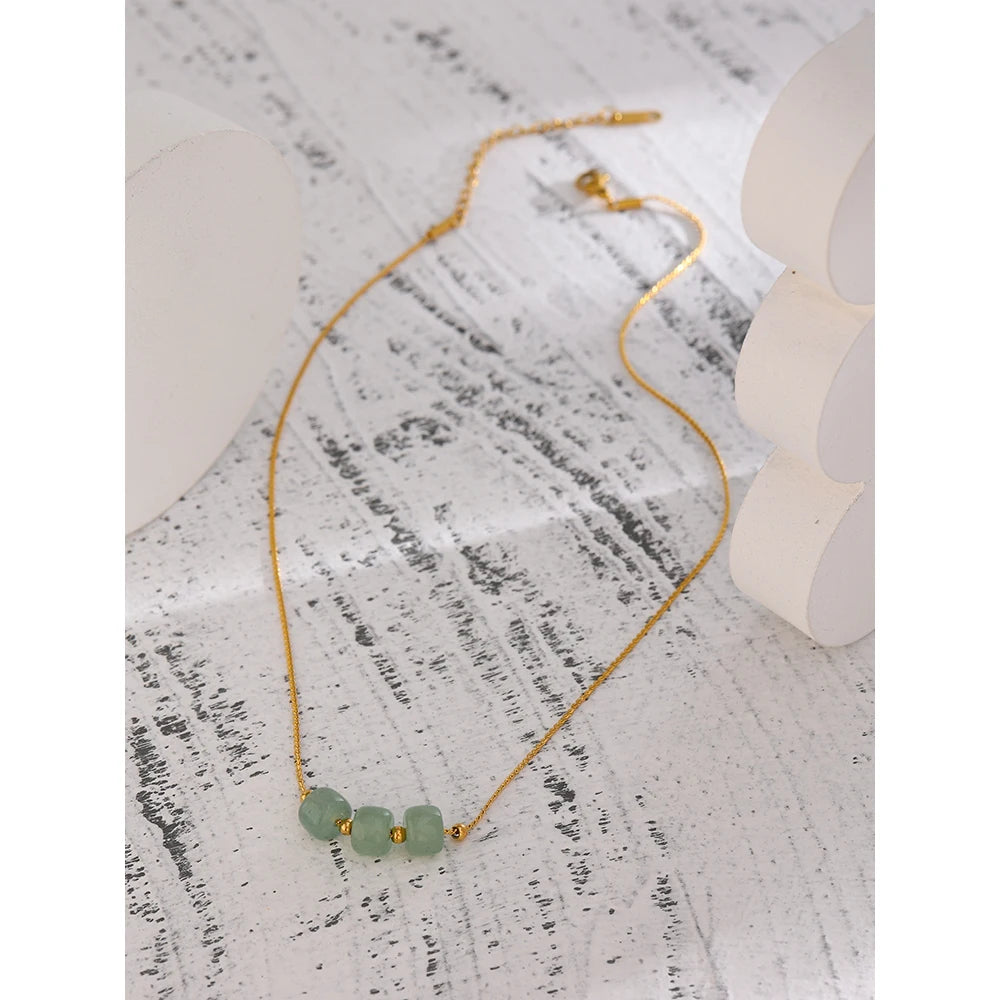 Yhpup Stainless Steel Green Aventurine Pendant Necklace Stylish 18 K Plated Metal Collar Necklace бежутерия женская колье Gift