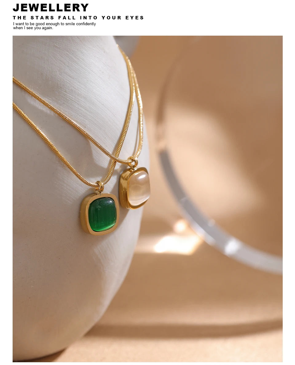 Yhpup Square Green Opal Stone Pendant Drop Dangle Necklace for Women Charm Jewelry Minimalist Geometric Stainless Steel Necklace