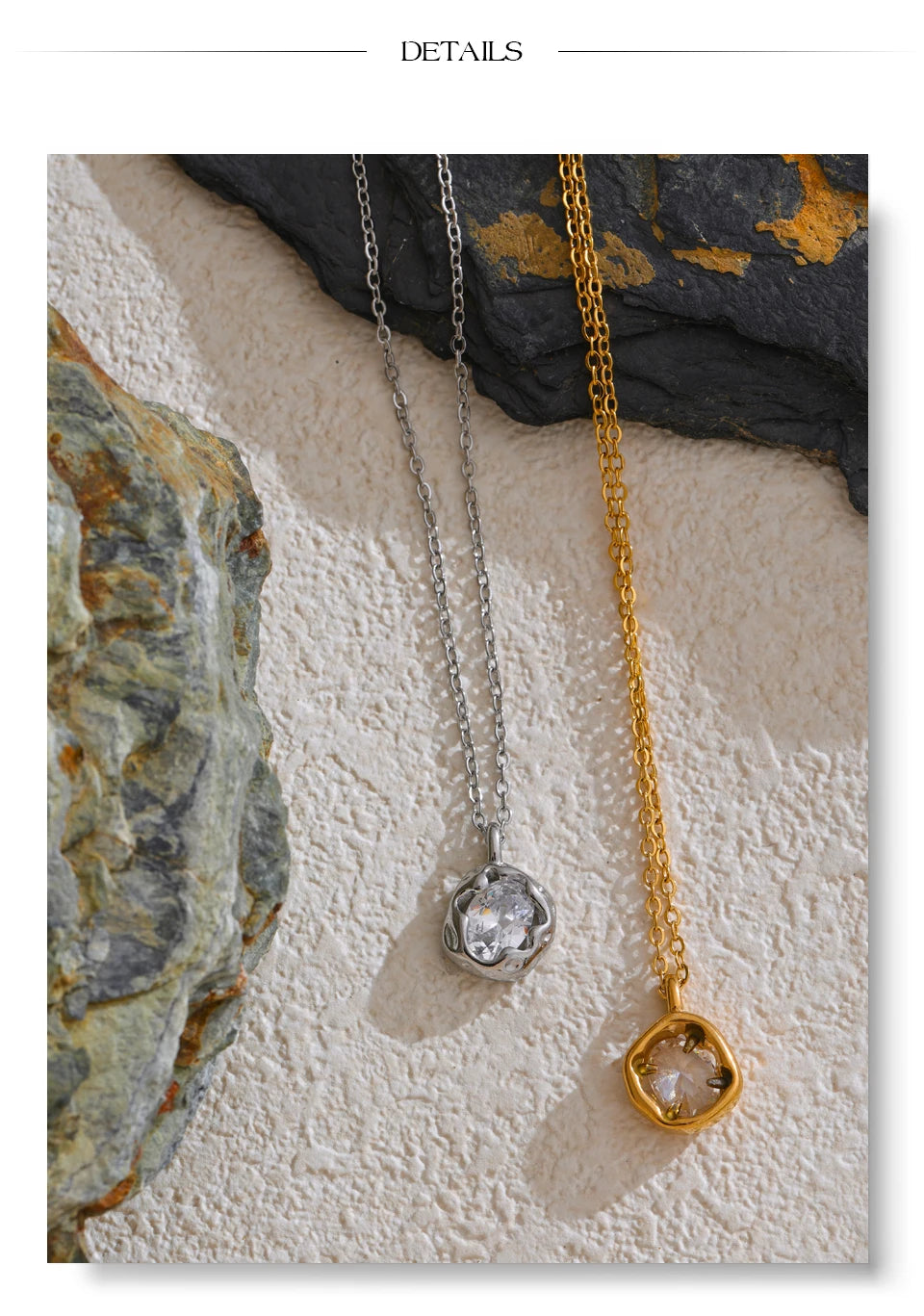 Colares femininos dourado e prateado com pingentes de pedra, em fundo de pedra bege