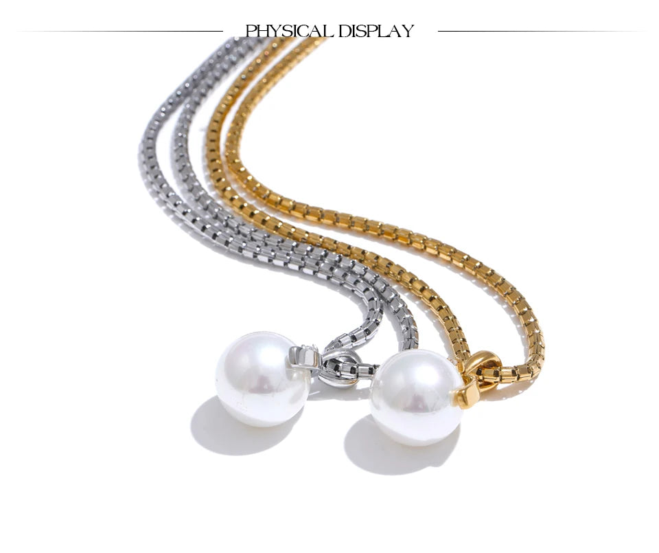 Yhpup 40+7cm New High Quality Elegant Simulated Pearls Round Pendant Necklace for Women Versatile Stainless Steel Collar Jewelry