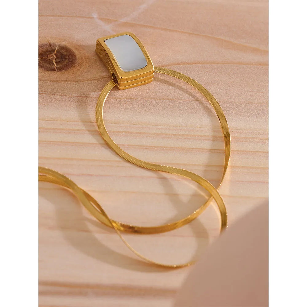 Yhpup Natural Shell Square Thicker Pendant Stainless Steel Fashion Necklace Unisex High Quality Golden Chain Jewelry Men Women