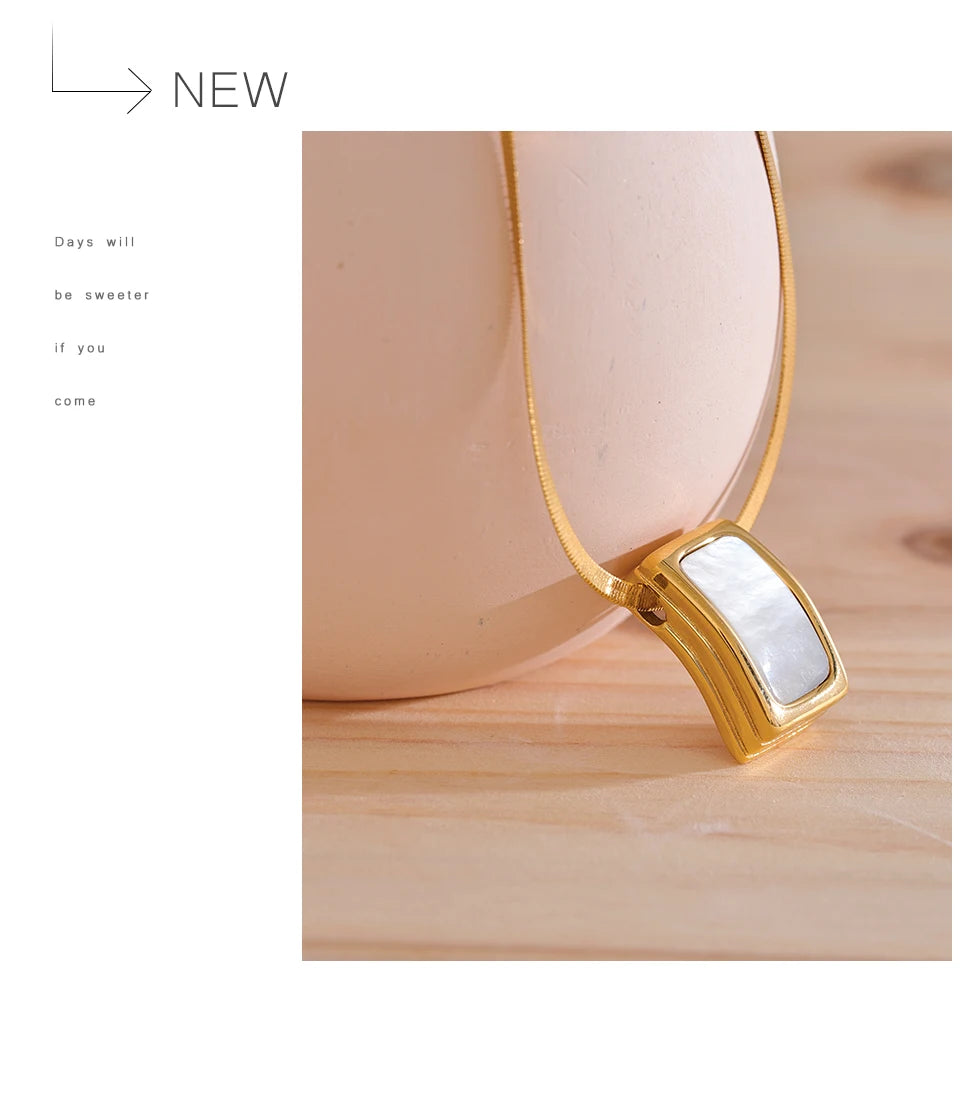 Yhpup Natural Shell Square Thicker Pendant Stainless Steel Fashion Necklace Unisex High Quality Golden Chain Jewelry Men Women