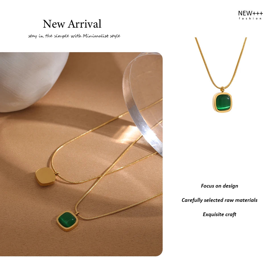 Yhpup Square Green Opal Stone Pendant Drop Dangle Necklace for Women Charm Jewelry Minimalist Geometric Stainless Steel Necklace