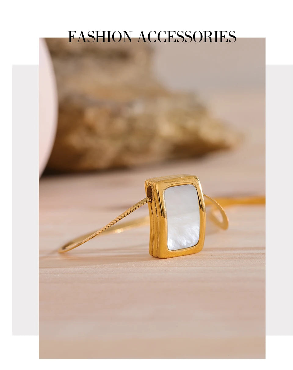 Yhpup Natural Shell Square Thicker Pendant Stainless Steel Fashion Necklace Unisex High Quality Golden Chain Jewelry Men Women
