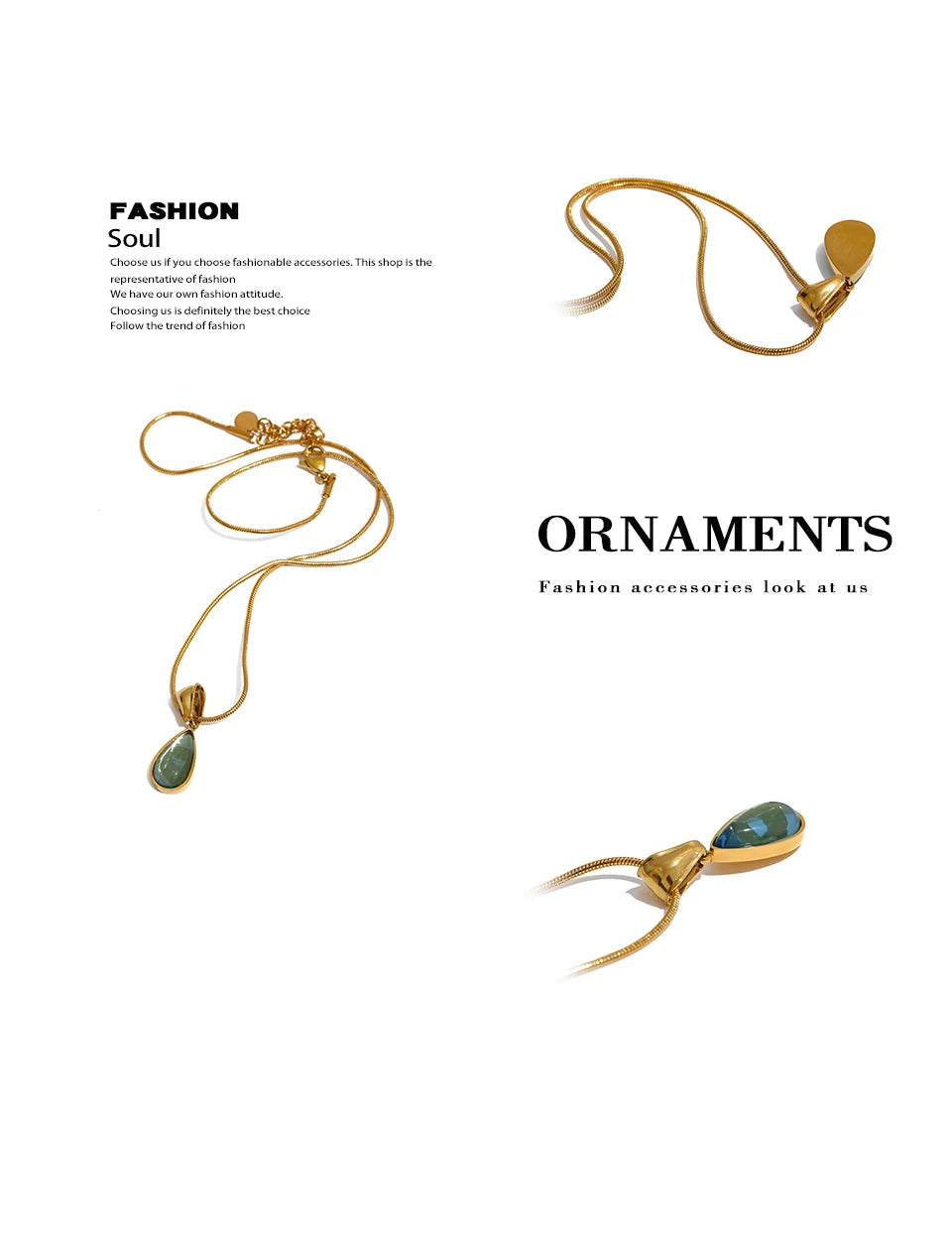 Colar dourado com pingente de pedra verde, acessório de moda elegante em fundo branco.