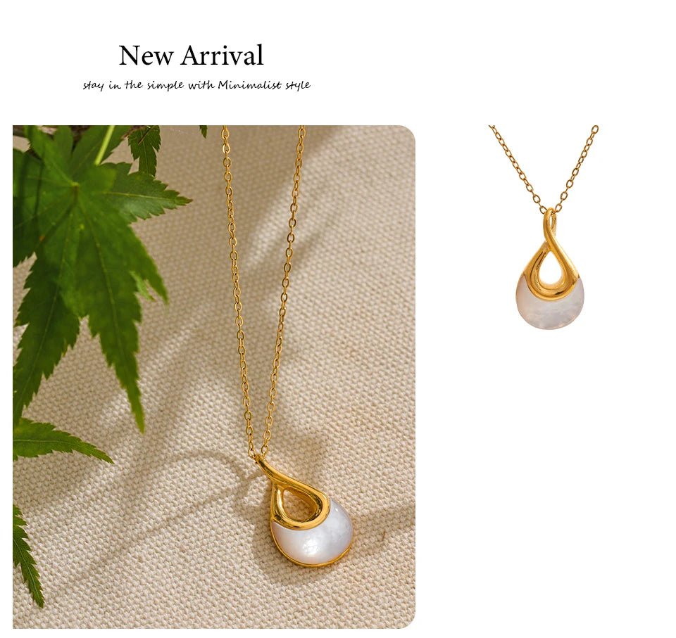 Yhpup Natural Stone Water Drop Exquisite Pendant Chic Necklace 18K Gold Color Plated Stainless Steel Premium Jewelry for Women