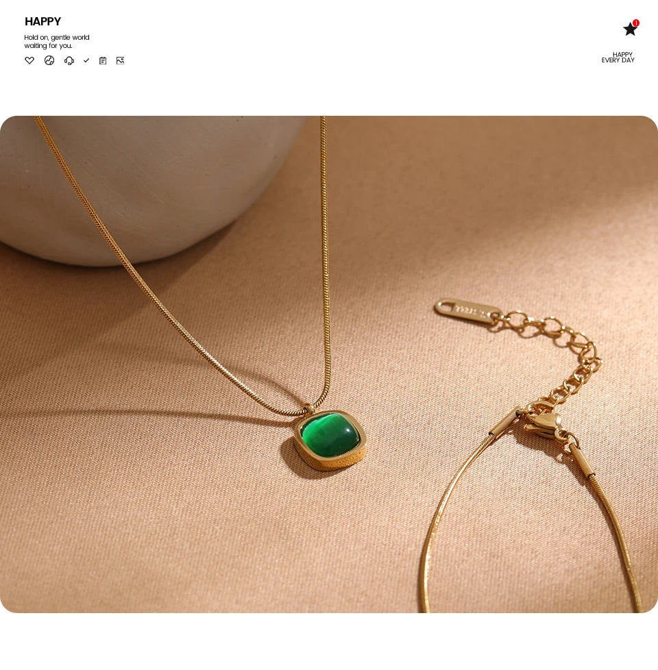 Yhpup Square Green Opal Stone Pendant Drop Dangle Necklace for Women Charm Jewelry Minimalist Geometric Stainless Steel Necklace