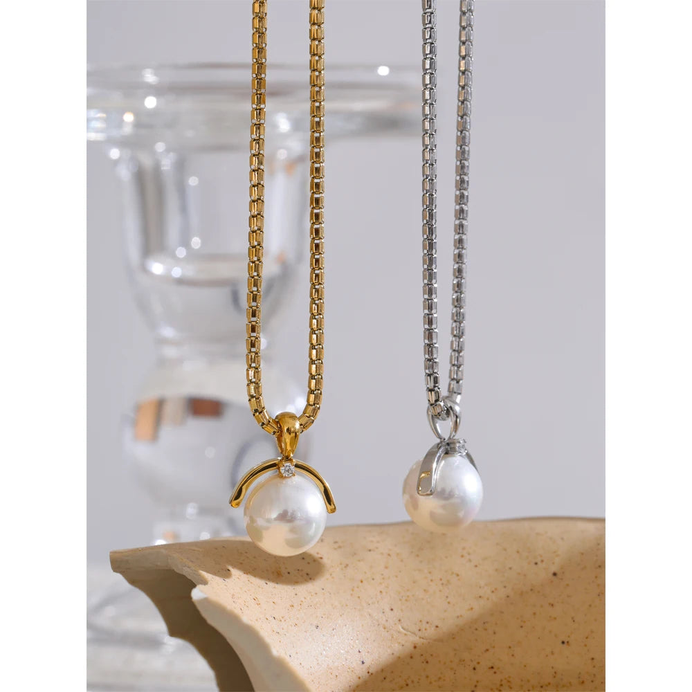 Yhpup 40+7cm New High Quality Elegant Simulated Pearls Round Pendant Necklace for Women Versatile Stainless Steel Collar Jewelry