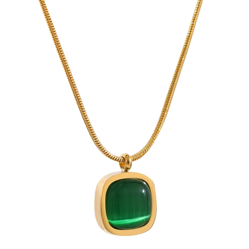 Yhpup Square Green Opal Stone Pendant Drop Dangle Necklace for Women Charm Jewelry Minimalist Geometric Stainless Steel Necklace