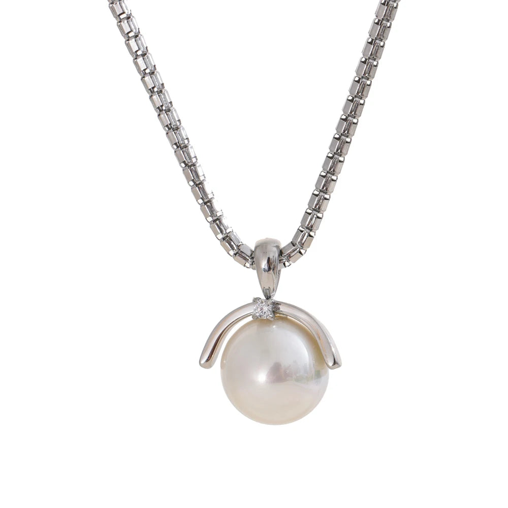 Yhpup 40+7cm New High Quality Elegant Simulated Pearls Round Pendant Necklace for Women Versatile Stainless Steel Collar Jewelry