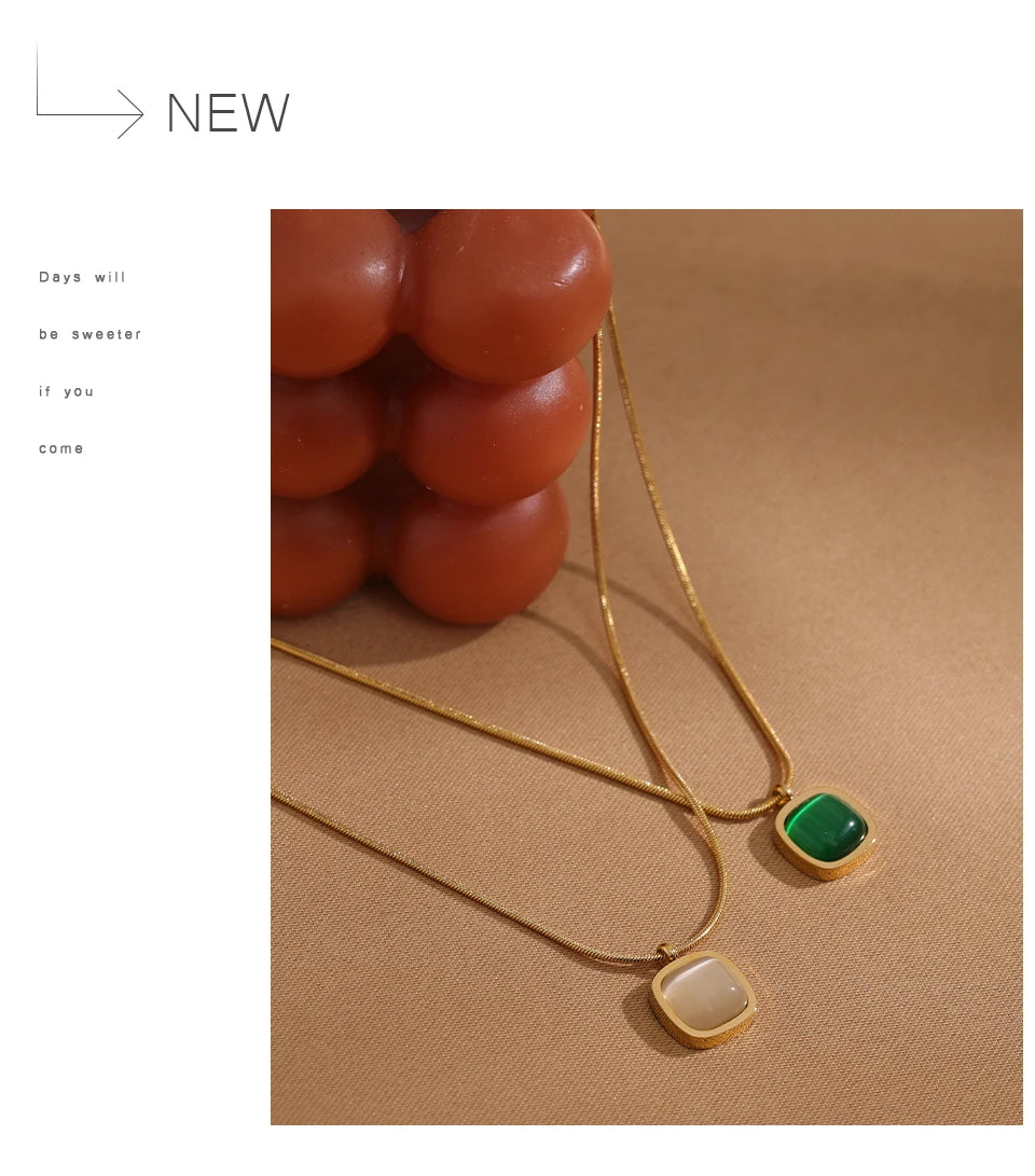 Yhpup Square Green Opal Stone Pendant Drop Dangle Necklace for Women Charm Jewelry Minimalist Geometric Stainless Steel Necklace