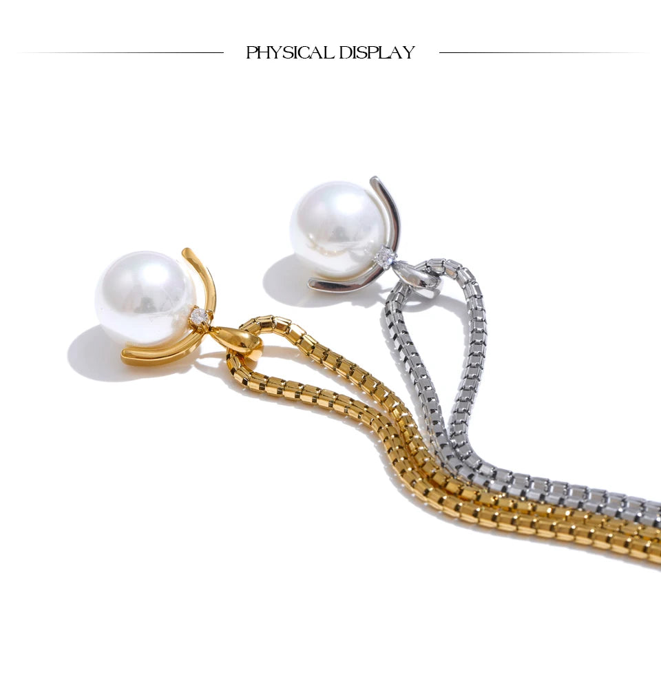 Yhpup 40+7cm New High Quality Elegant Simulated Pearls Round Pendant Necklace for Women Versatile Stainless Steel Collar Jewelry