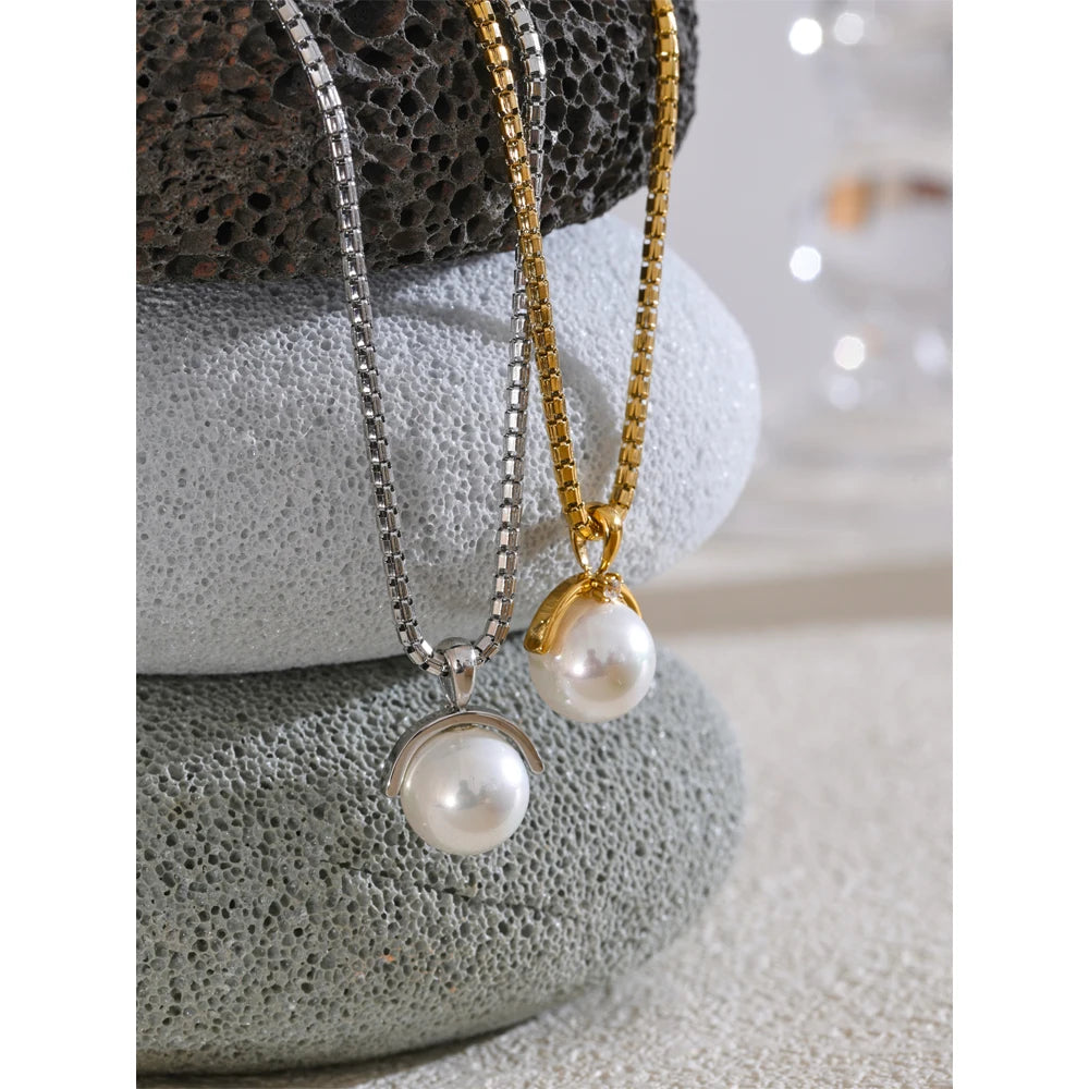 Yhpup 40+7cm New High Quality Elegant Simulated Pearls Round Pendant Necklace for Women Versatile Stainless Steel Collar Jewelry