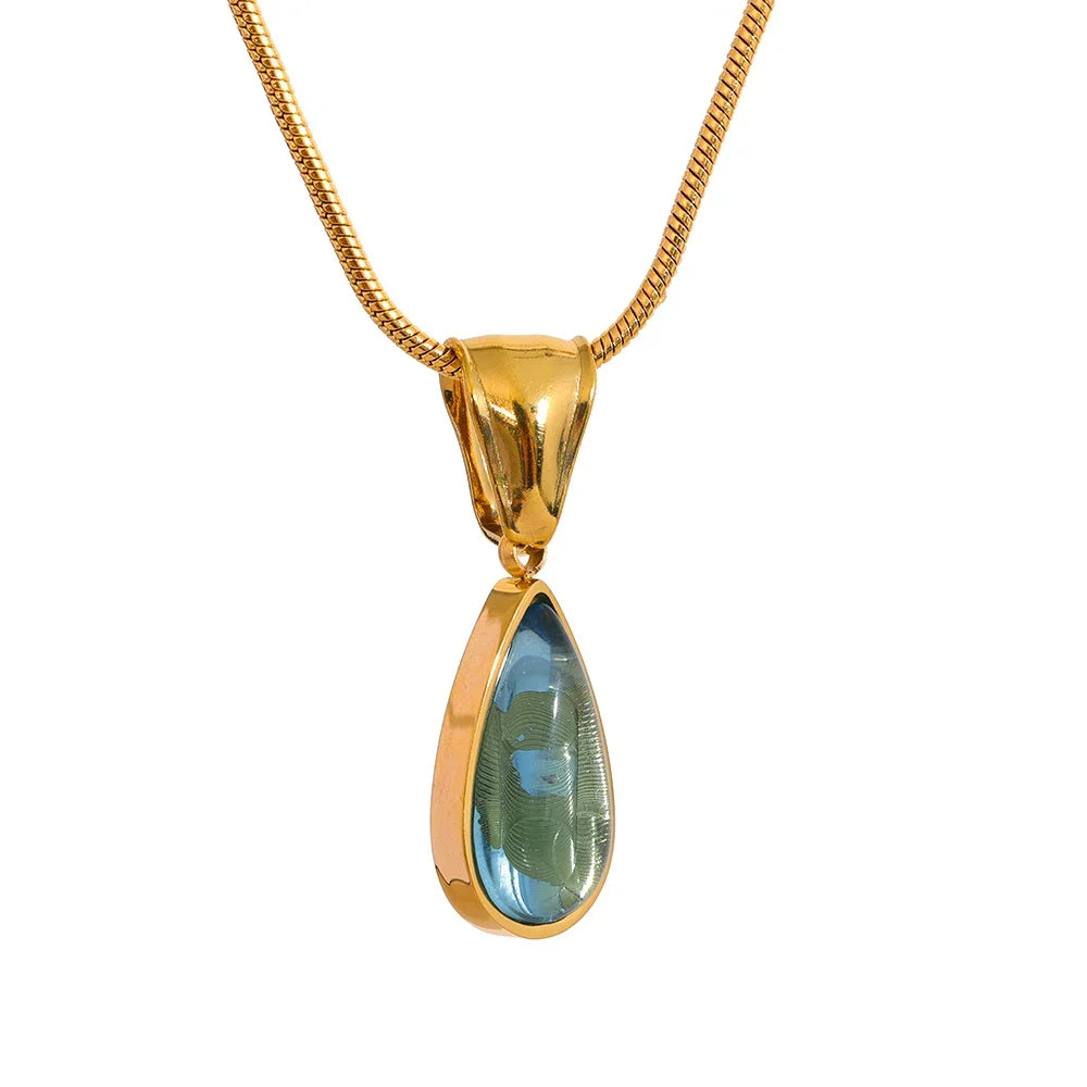 Pingente dourado com pedra azul em formato de gota, colar feminino elegante