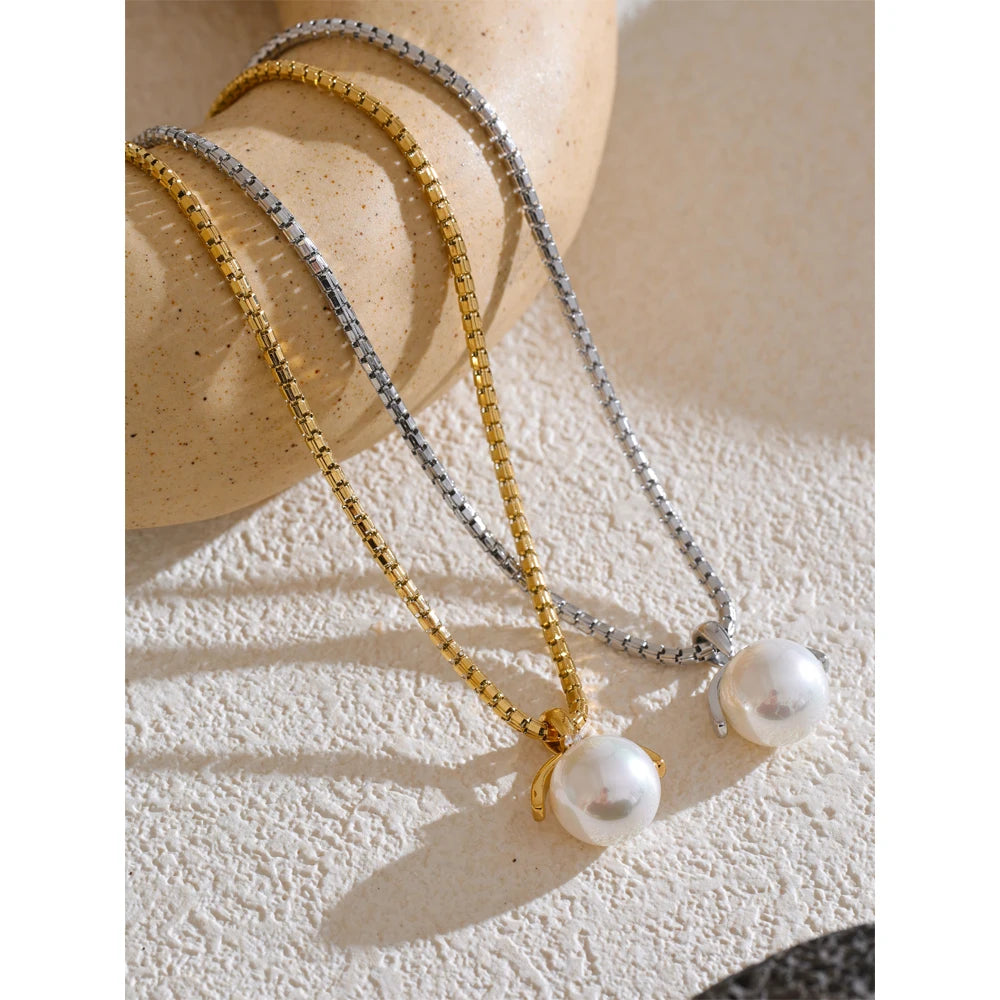 Yhpup 40+7cm New High Quality Elegant Simulated Pearls Round Pendant Necklace for Women Versatile Stainless Steel Collar Jewelry