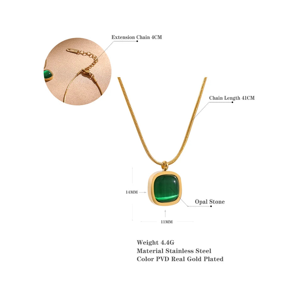 Yhpup Square Green Opal Stone Pendant Drop Dangle Necklace for Women Charm Jewelry Minimalist Geometric Stainless Steel Necklace