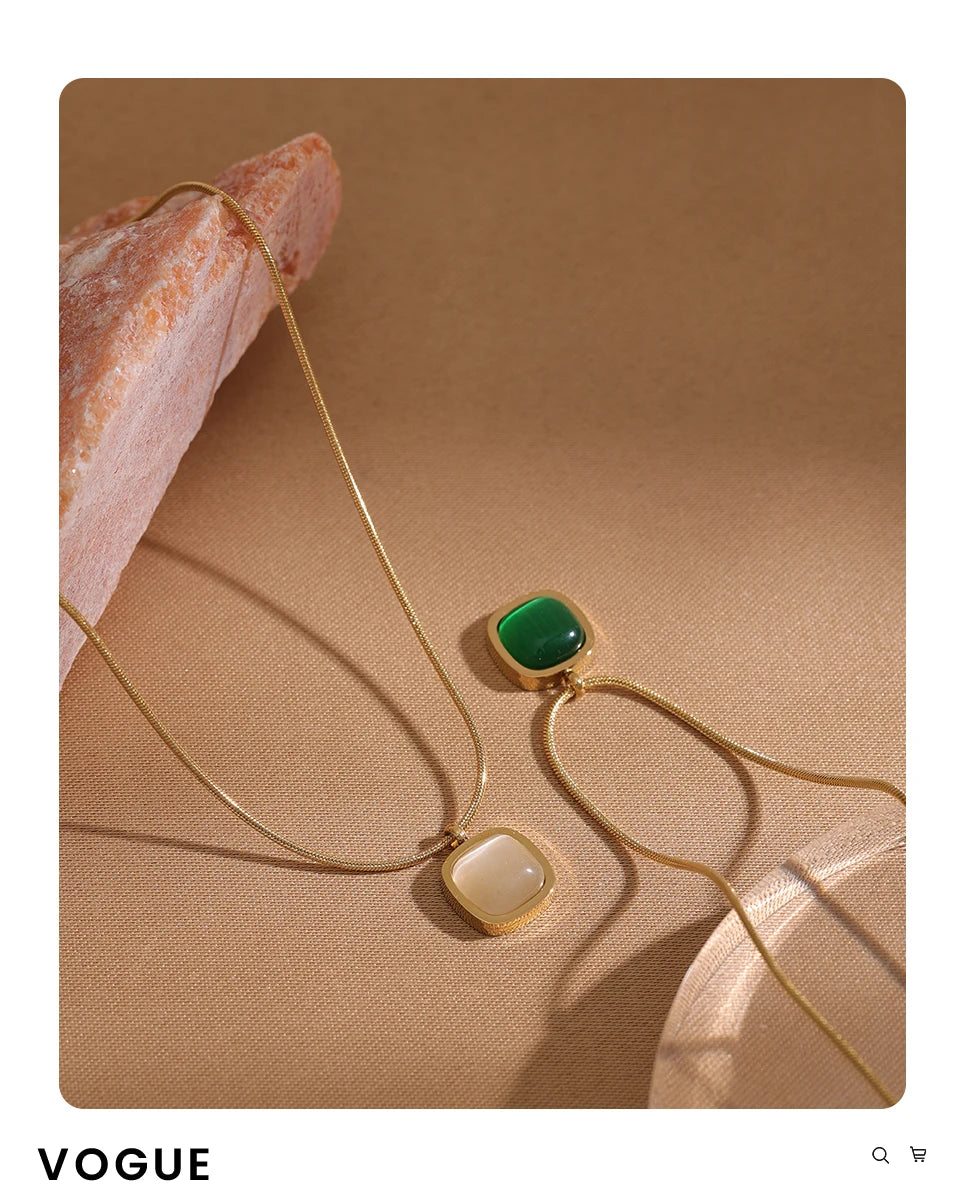 Yhpup Square Green Opal Stone Pendant Drop Dangle Necklace for Women Charm Jewelry Minimalist Geometric Stainless Steel Necklace