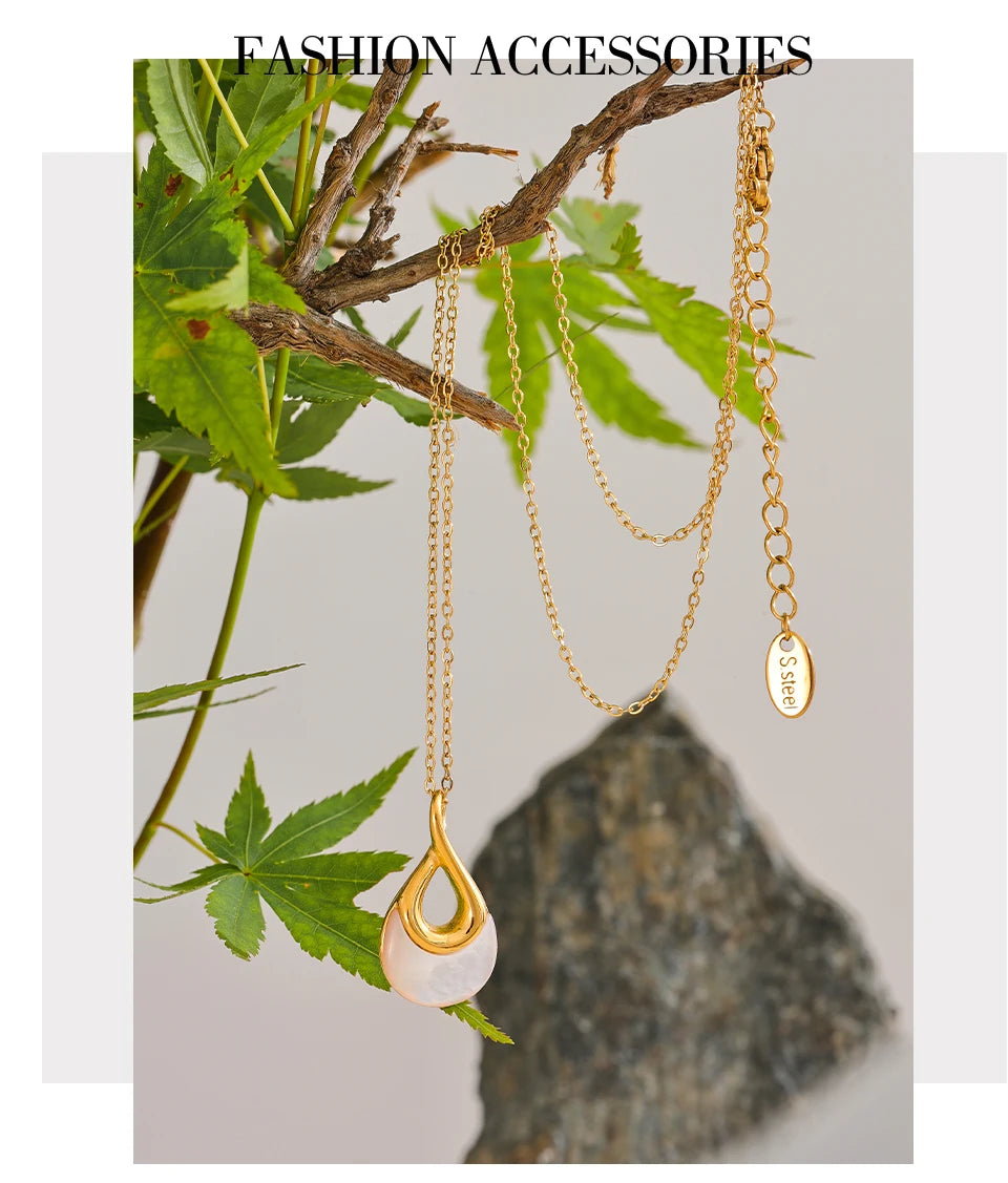 Yhpup Natural Stone Water Drop Exquisite Pendant Chic Necklace 18K Gold Color Plated Stainless Steel Premium Jewelry for Women