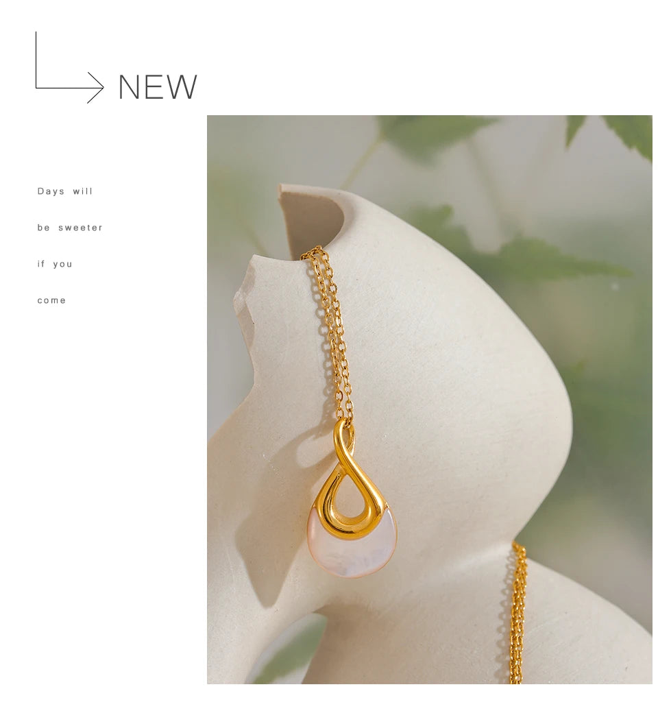 Yhpup Natural Stone Water Drop Exquisite Pendant Chic Necklace 18K Gold Color Plated Stainless Steel Premium Jewelry for Women