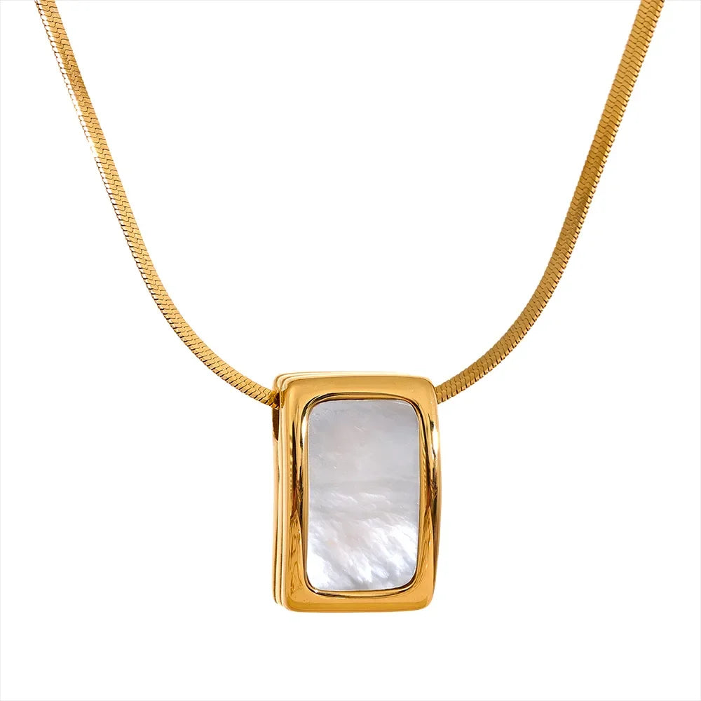 Yhpup Natural Shell Square Thicker Pendant Stainless Steel Fashion Necklace Unisex High Quality Golden Chain Jewelry Men Women