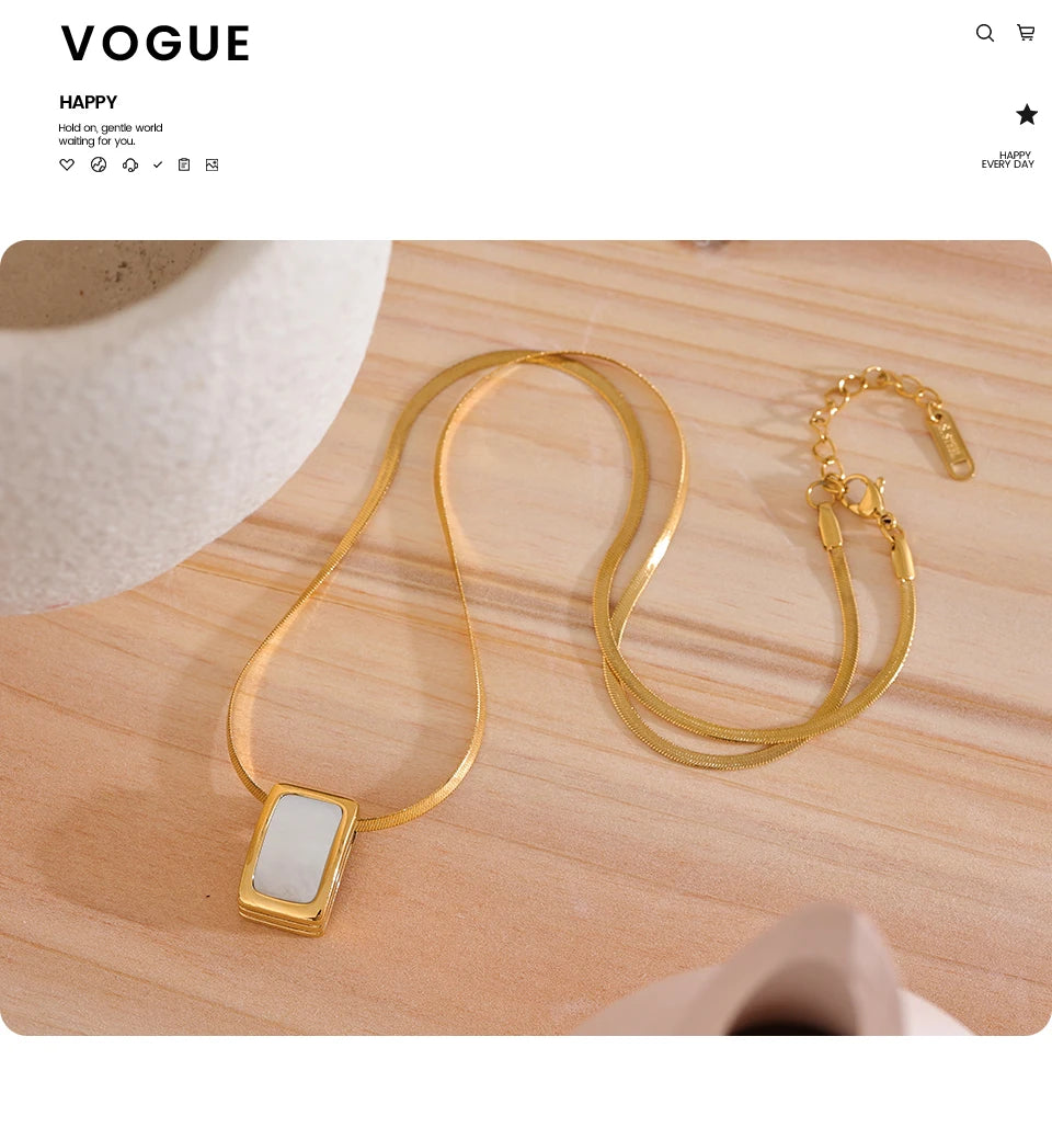 Yhpup Natural Shell Square Thicker Pendant Stainless Steel Fashion Necklace Unisex High Quality Golden Chain Jewelry Men Women