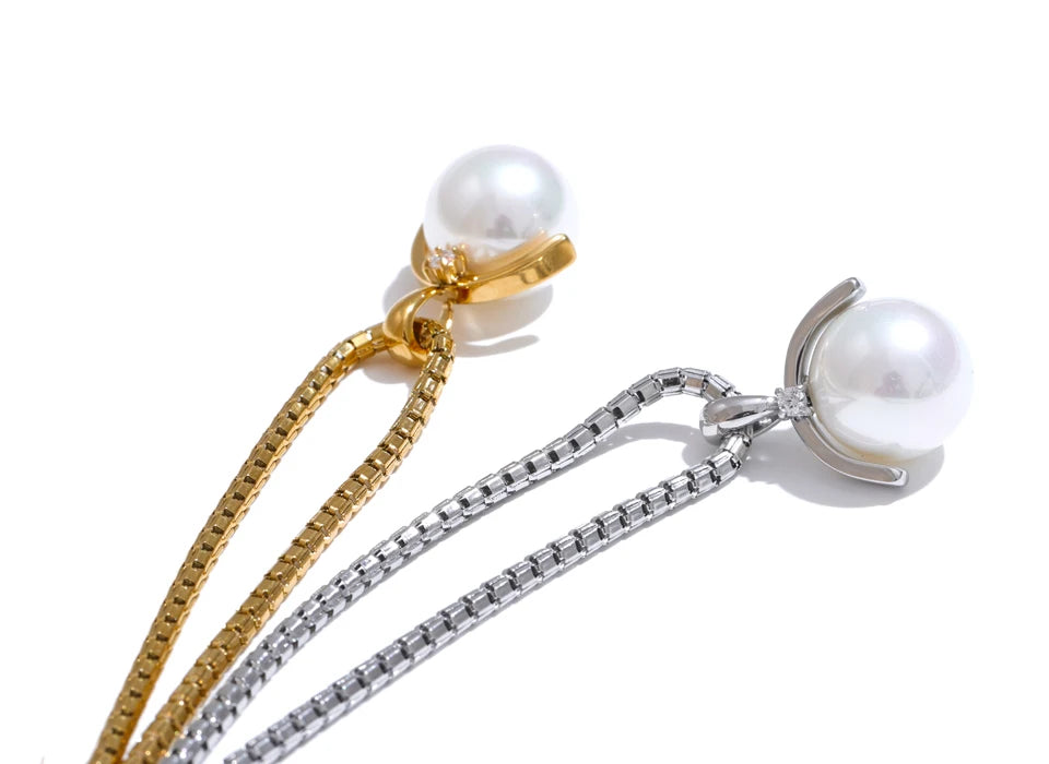 Yhpup 40+7cm New High Quality Elegant Simulated Pearls Round Pendant Necklace for Women Versatile Stainless Steel Collar Jewelry