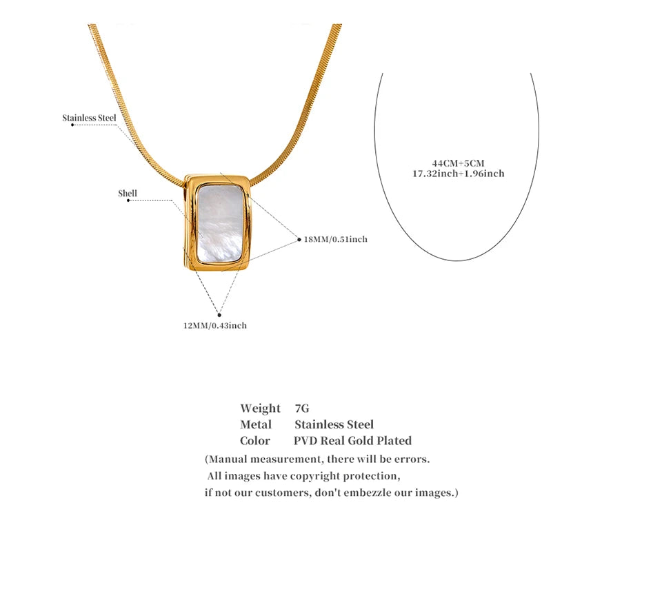 Yhpup Natural Shell Square Thicker Pendant Stainless Steel Fashion Necklace Unisex High Quality Golden Chain Jewelry Men Women