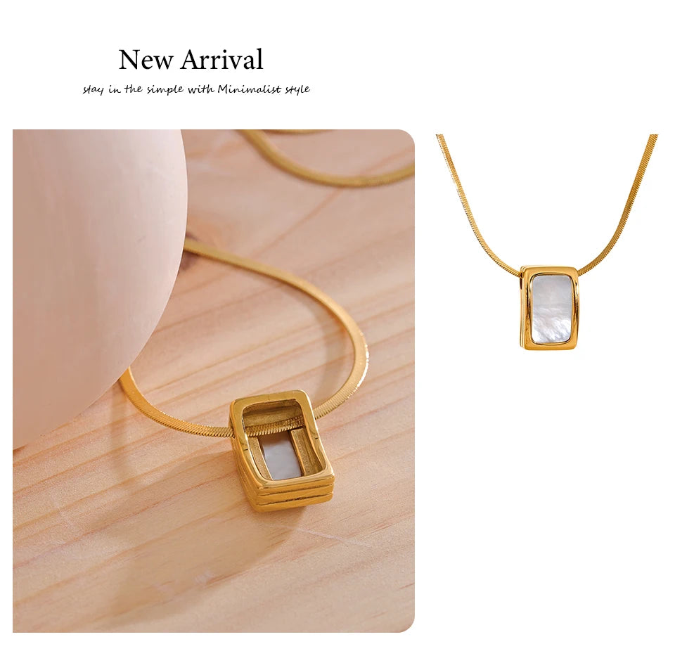 Yhpup Natural Shell Square Thicker Pendant Stainless Steel Fashion Necklace Unisex High Quality Golden Chain Jewelry Men Women