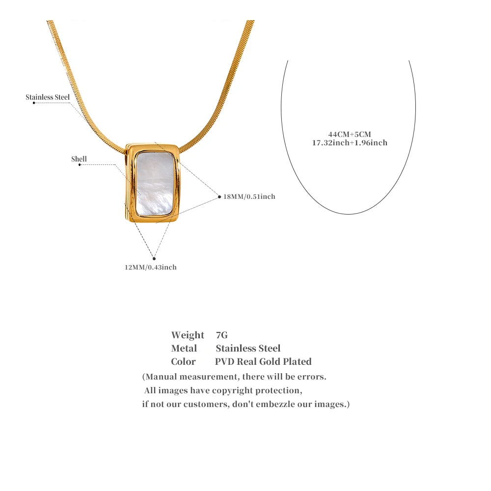 Yhpup Natural Shell Square Thicker Pendant Stainless Steel Fashion Necklace Unisex High Quality Golden Chain Jewelry Men Women