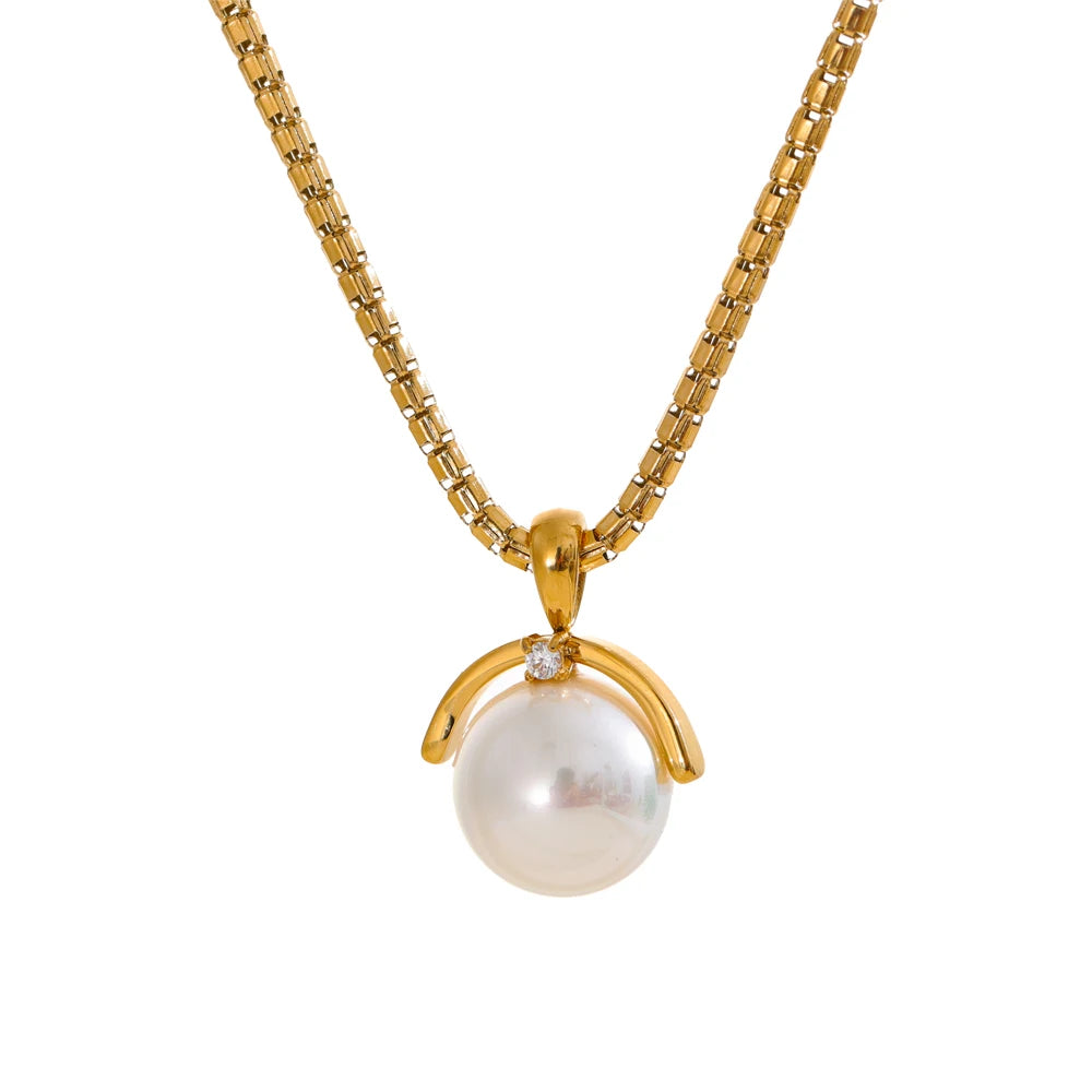 Yhpup 40+7cm New High Quality Elegant Simulated Pearls Round Pendant Necklace for Women Versatile Stainless Steel Collar Jewelry